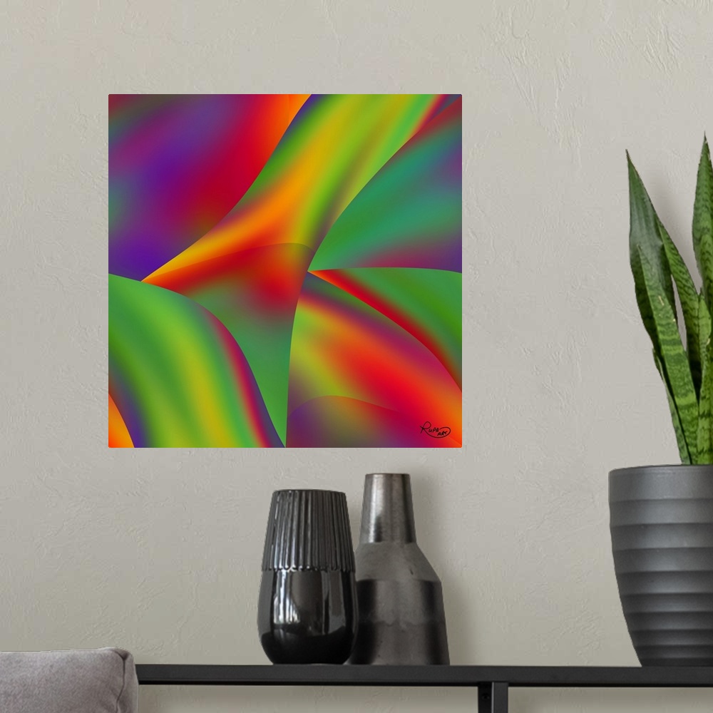 A modern room featuring Square abstract art with angles of bright gradient color patterns.