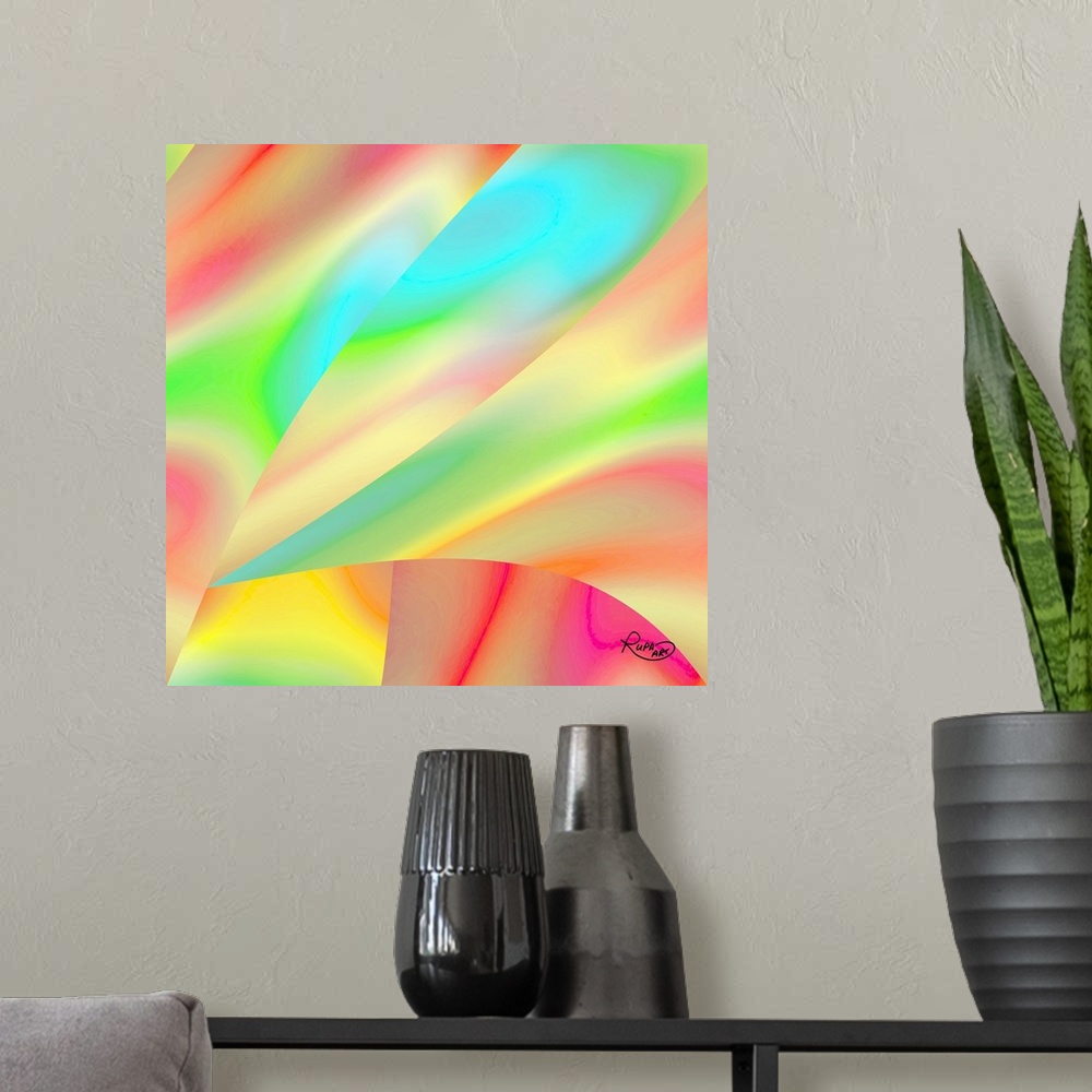 A modern room featuring Square abstract art with angles of pastel gradient color patterns.