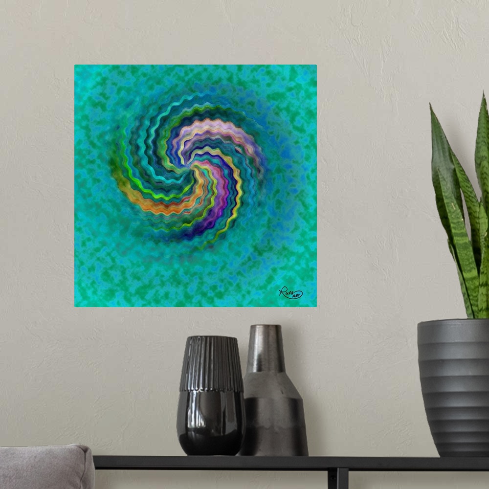 A modern room featuring Square abstract art with a wavy, colorful, lines forming together to create a spiral on a green a...