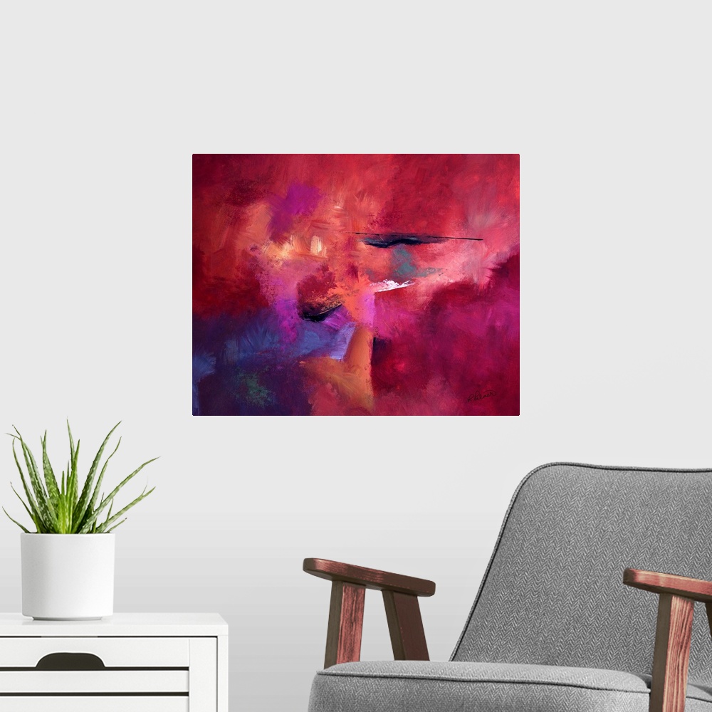 A modern room featuring Abstract painting with powerful and bright pink and red hues with hints of purple and black layer...