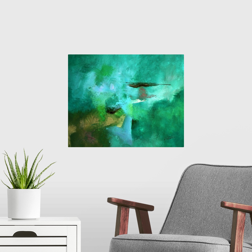 A modern room featuring Abstract painting with powerful teal hues throughout and hints of green, tan, and black layered o...