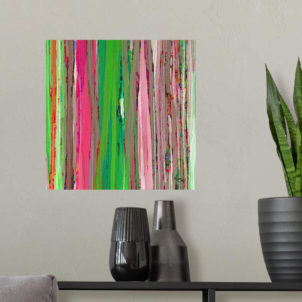 A modern room featuring Square abstract art with cracked, brightly colored, vertical lines side by side.
