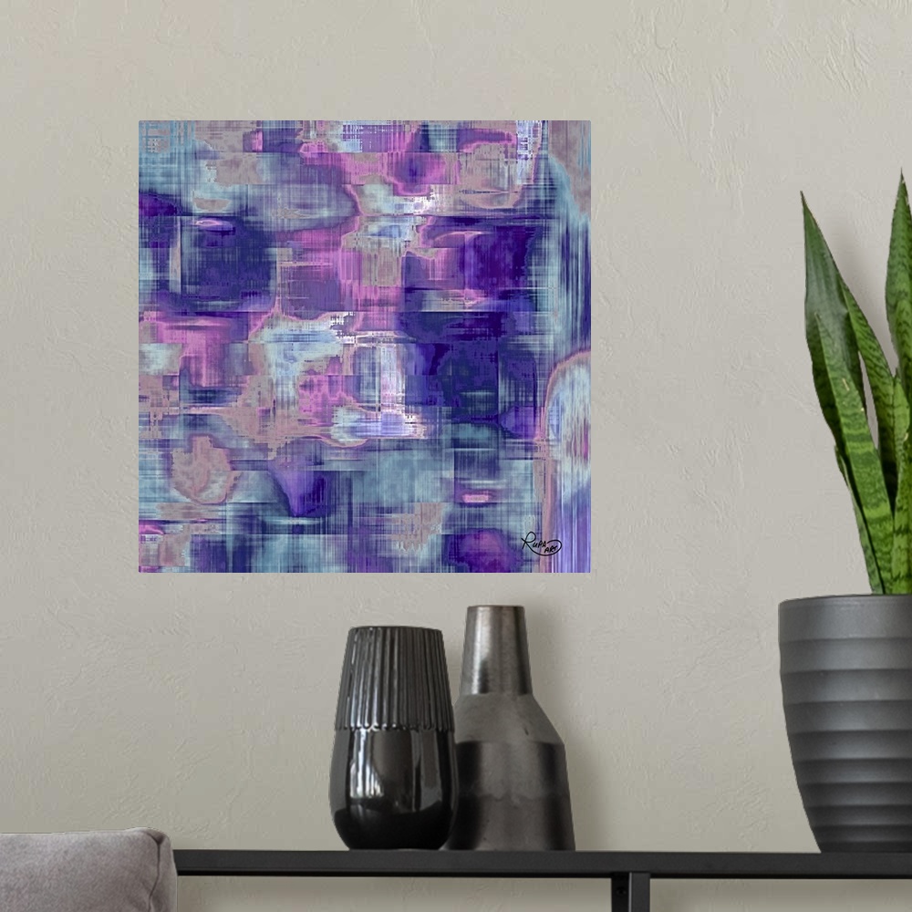 A modern room featuring Large abstract art with blue, gray, and purple hues.