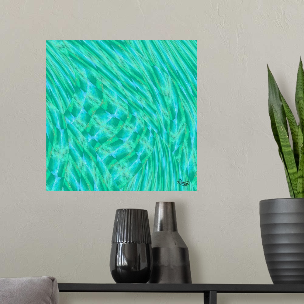 A modern room featuring Square abstract painting in textured brush strokes of blue and green.