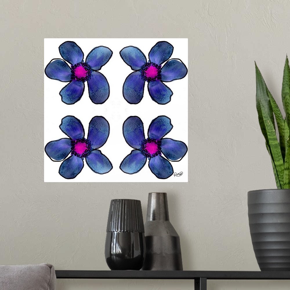 A modern room featuring Square watercolor painting of four blue flowers.