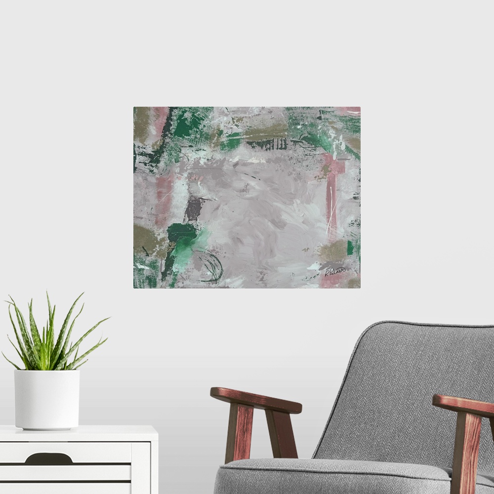 A modern room featuring Abstract painting with muted hues of green, pink, purple, and grey.