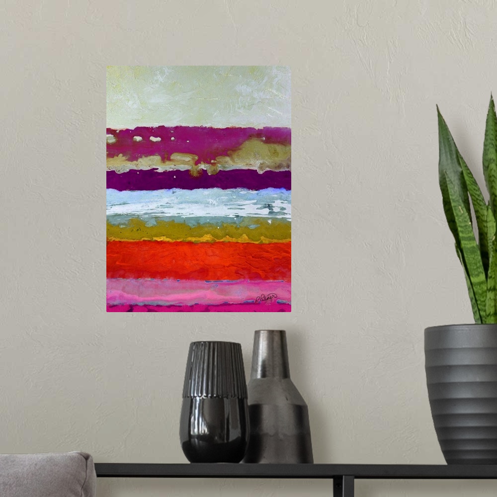 A modern room featuring Bright abstract painting with thick horizontal brushstrokes in shades of pink, purple, blue, yell...
