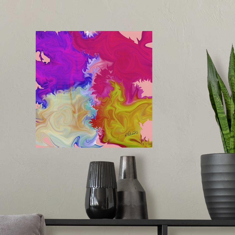 A modern room featuring A square image of multi-colored blurred shapes bleeding together.