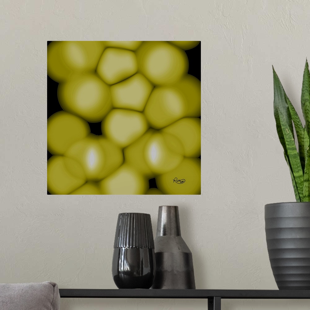 A modern room featuring Square abstract art that has soft, mustard yellow, translucent, circular shapes layered together ...