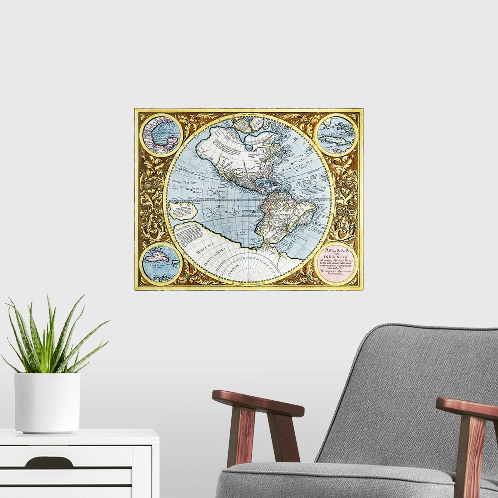 A modern room featuring Western Hemisphere, 17th century Dutch map. This shows the New World that was being discovered by...