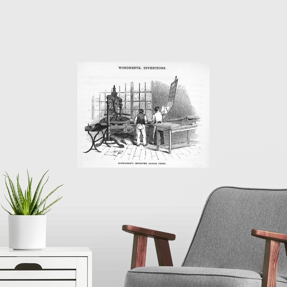 A modern room featuring Albion Printing Press, historical artwork. Designed by R. W.Cope in 1820, this is an improved ver...