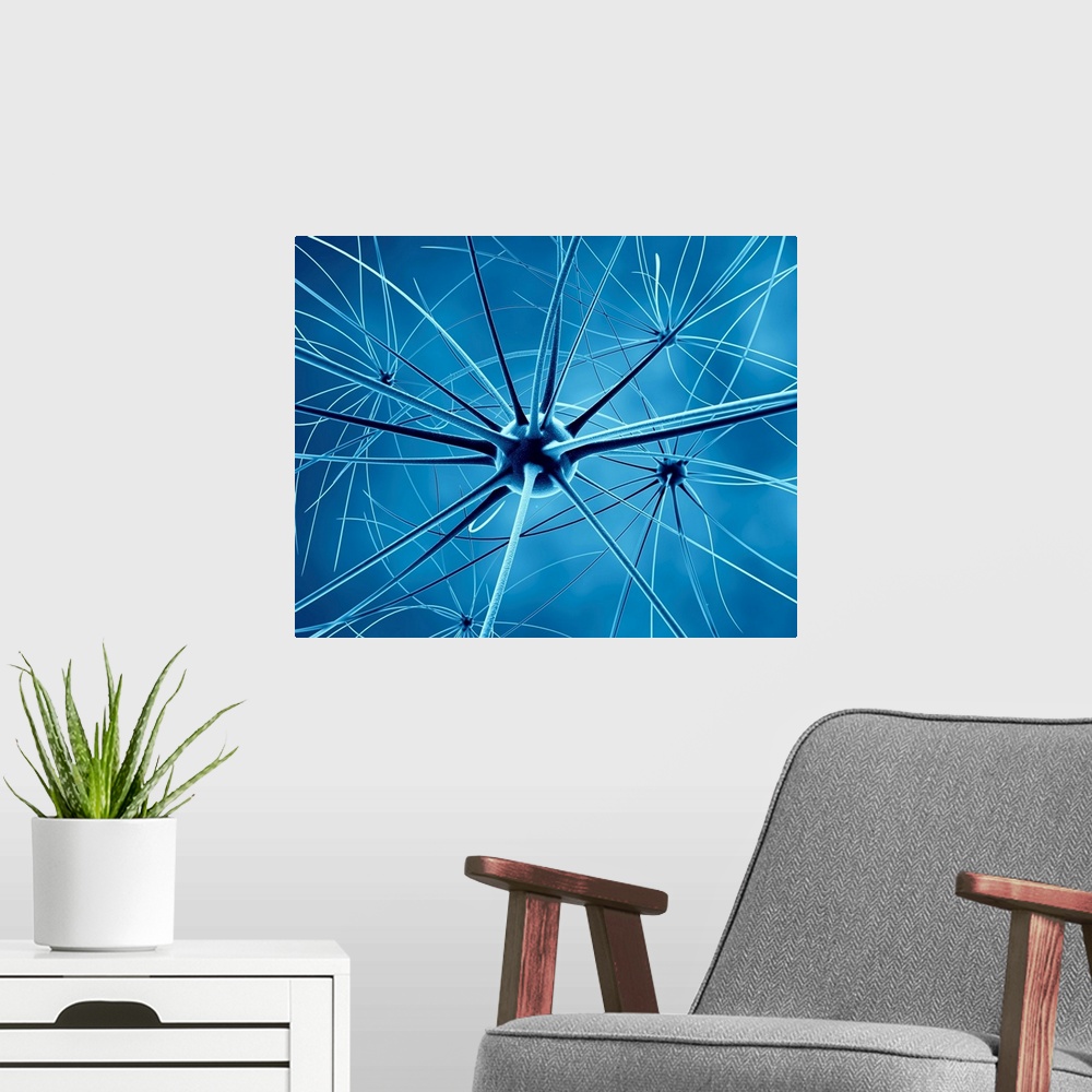 A modern room featuring Brain nerve cells, illustration.