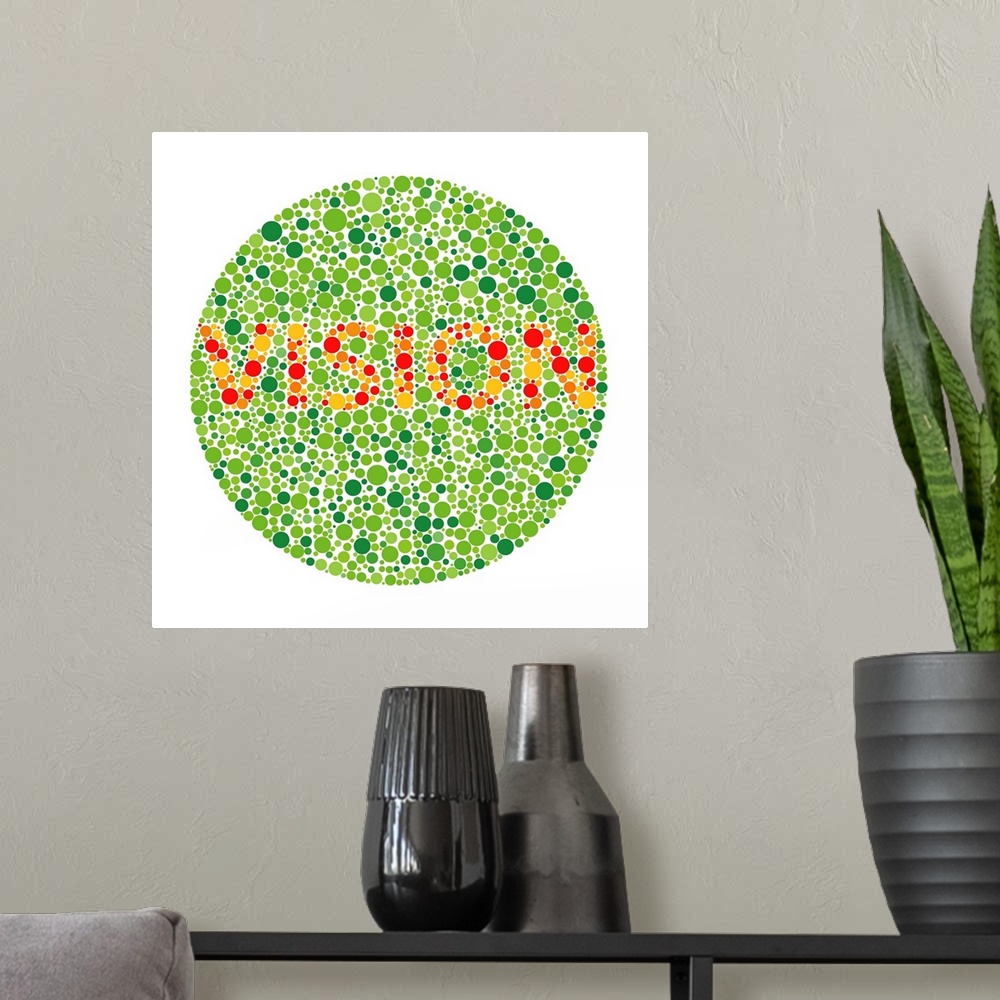 A modern room featuring Colour blindness test. Computer artwork of an Ishihara colour test card used to check for red- gr...