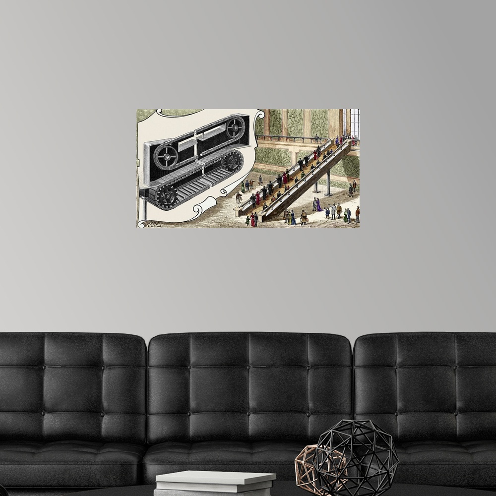 A modern room featuring Early escalator. Historical artwork of the design of a proposed 19th-century escalator. This earl...