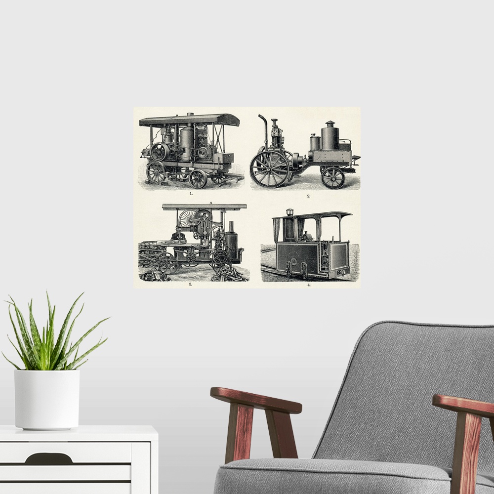 A modern room featuring Early petrol engine. Historical artwork of early designs for an electrical generator (top left) a...