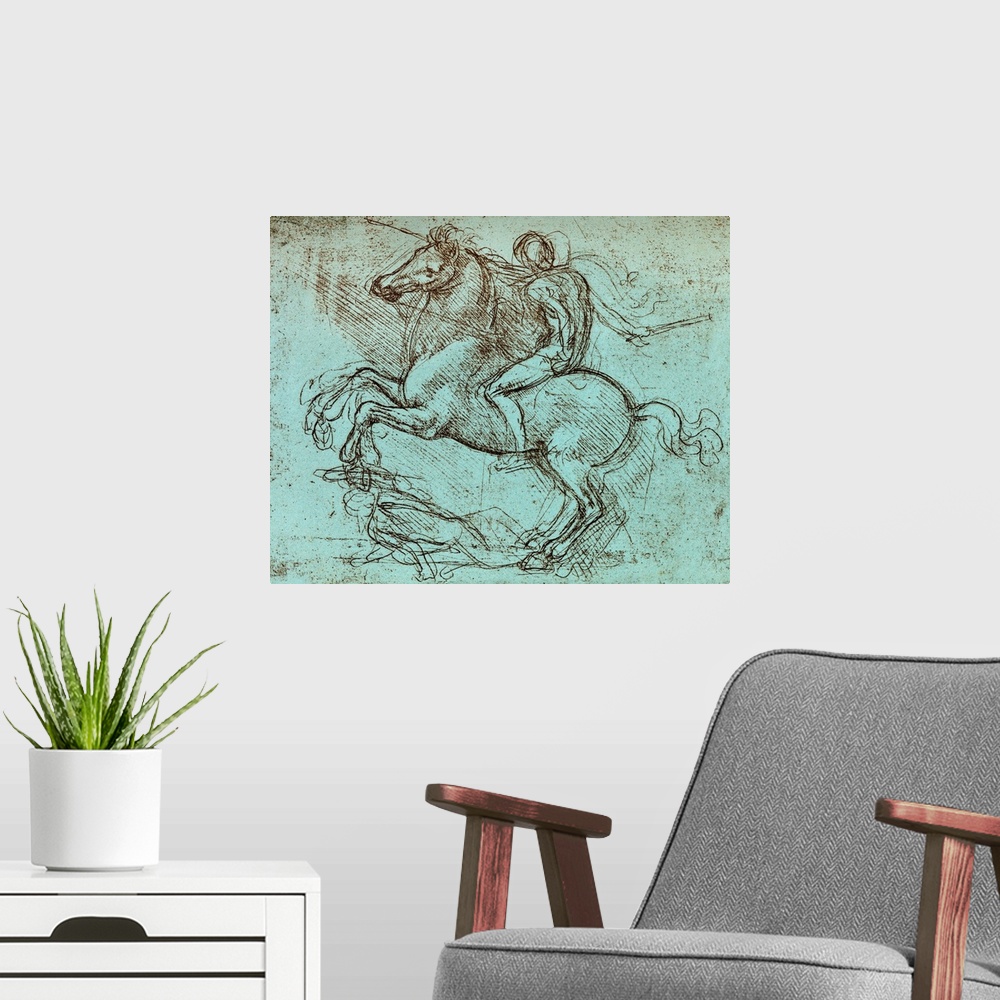 A modern room featuring Franscsco Sforza, military leader. Historical artwork of a rider on a rearing horse by the Italia...