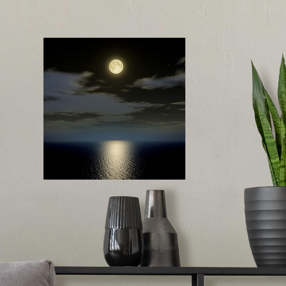A modern room featuring Full moon over the sea.