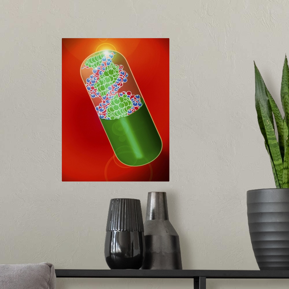 A modern room featuring Gene therapy. Abstract artwork of a drug capsule filled with DNA (deoxyribonucleic acid), to depi...