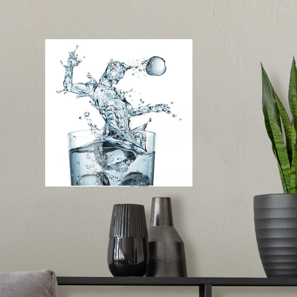 A modern room featuring Glass of water and splashes, computer illustration.