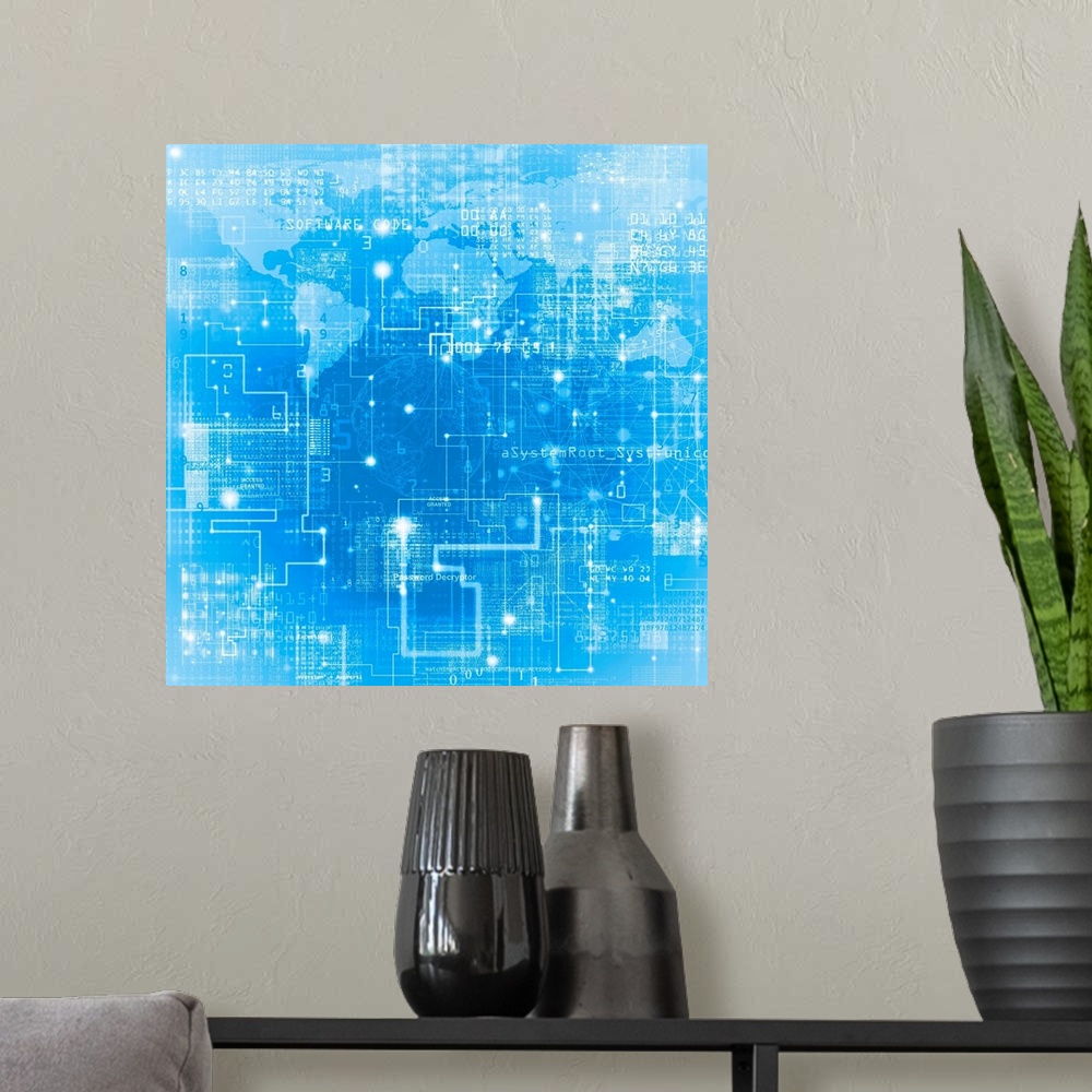 A modern room featuring Global data network, abstract illustration.