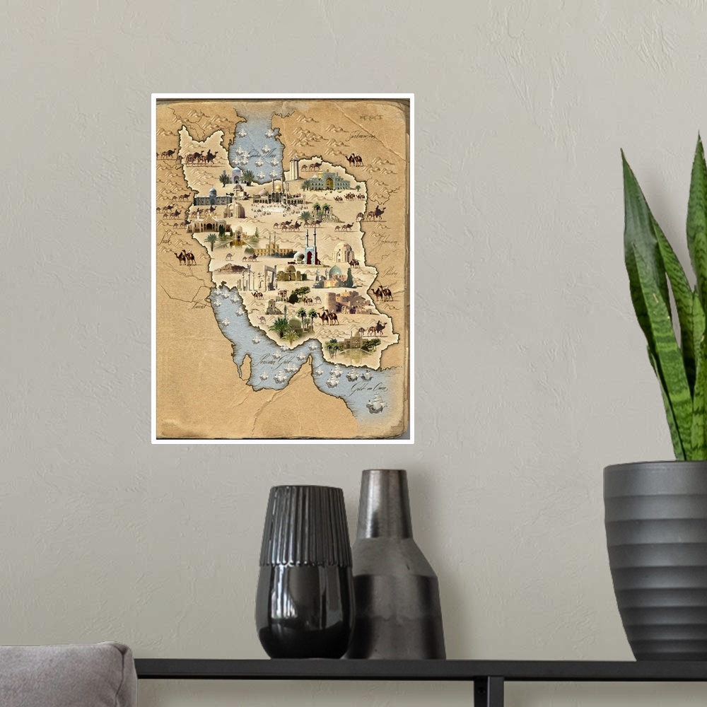 A modern room featuring Iran, pictorial map. This map shows Iran (centre) and the countries surrounding it. Pictures of c...