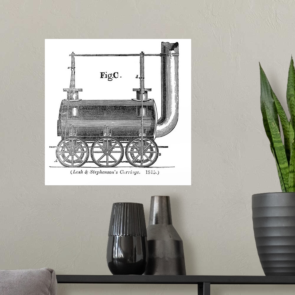 A modern room featuring Losh and Stephenson's carriage. Historical artwork of a steam locomotive patented in 1815 by engi...