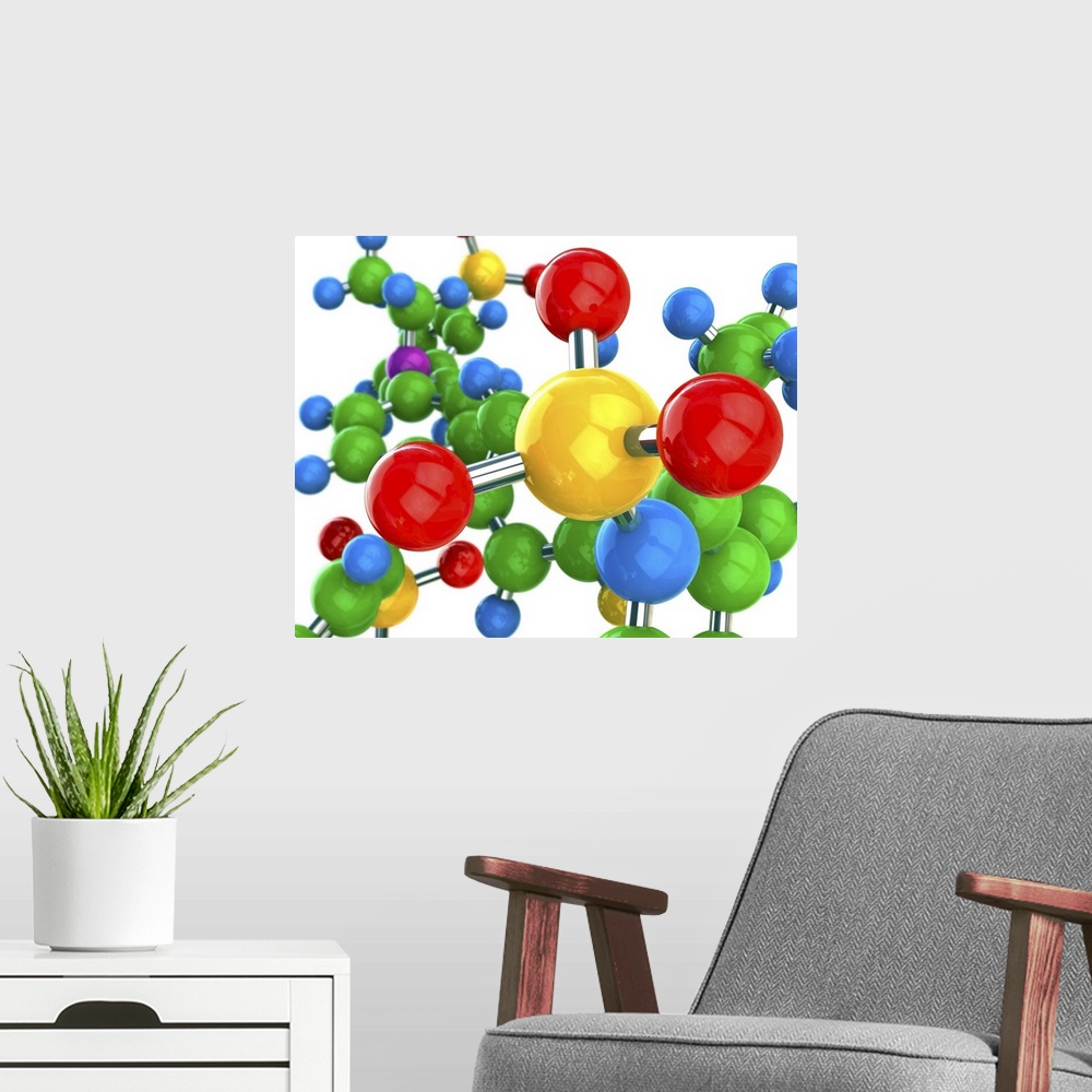 A modern room featuring Molecular structure. Computer artwork of a conceptual molecule. Atoms are represented as balls, t...