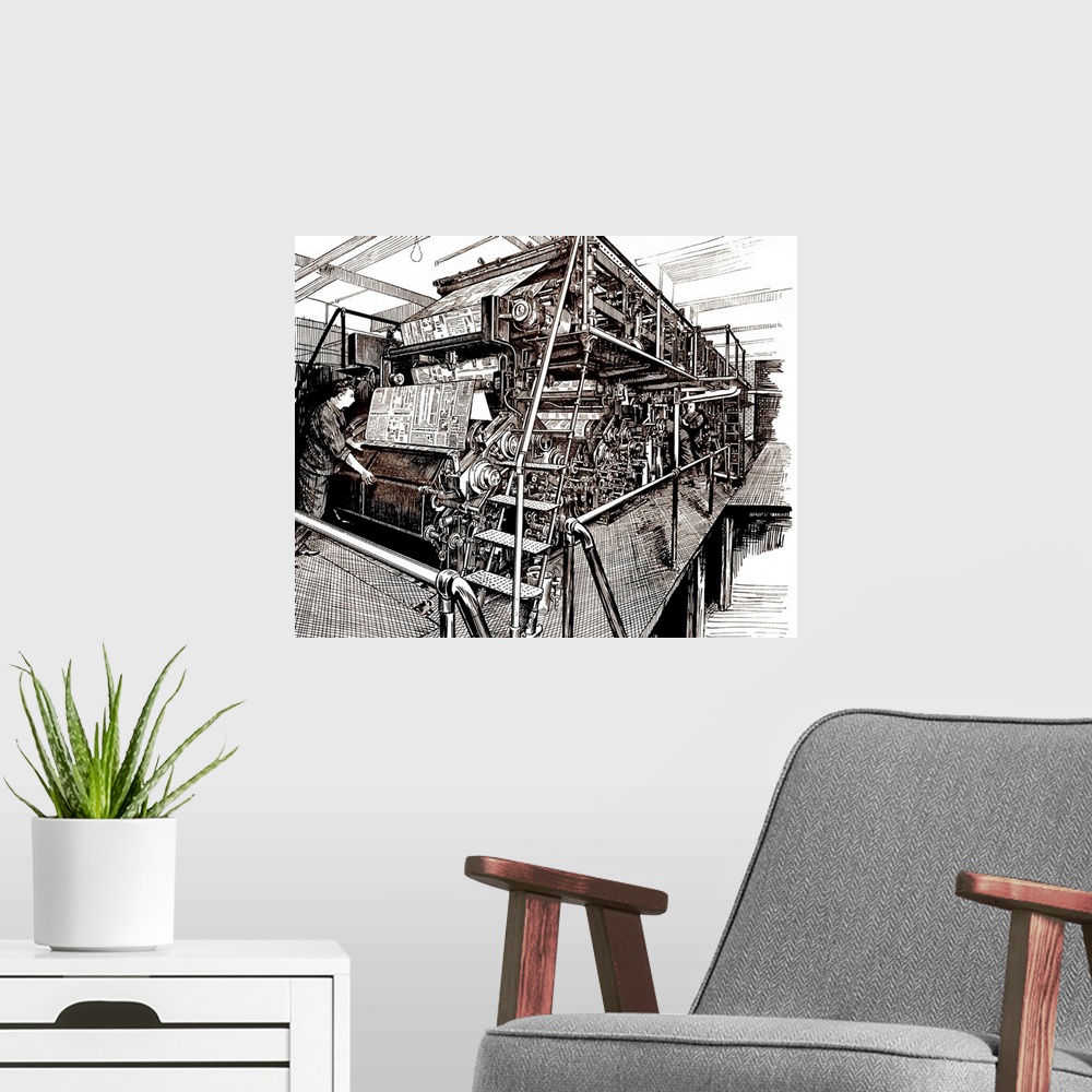 A modern room featuring Newspaper press. Historical artwork of a 1931 double cylinder rotary web perfecting press used to...