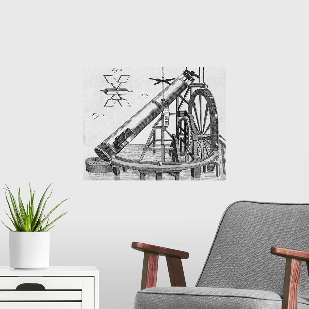 A modern room featuring Perpetual motion machine. Engraving showing a design for a perpetual motion machine designed by U...