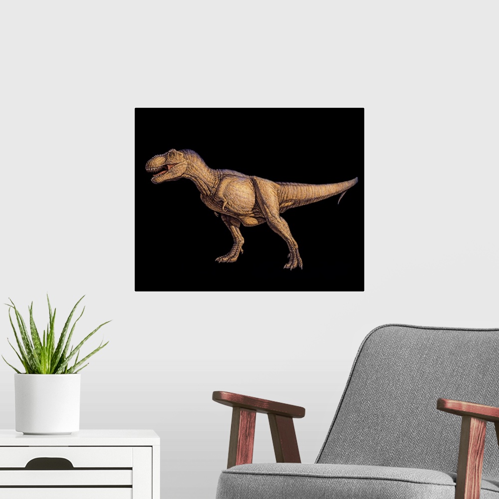 A modern room featuring Tyrannosaurus rex, artwork. This dinosaur lived in North America and Asia from about 70 million y...