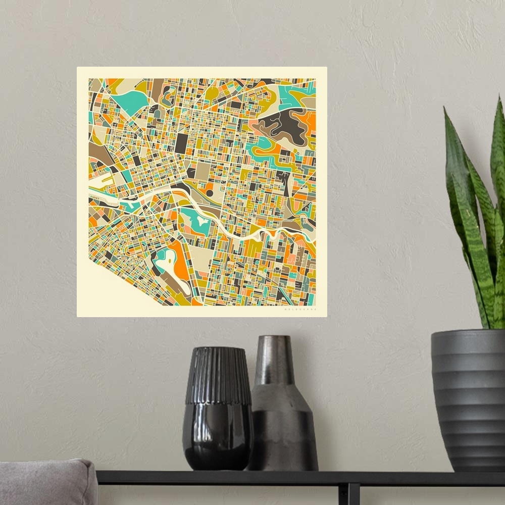 A modern room featuring Colorfully illustrated aerial street map of Melbourne, Australia on a square background.