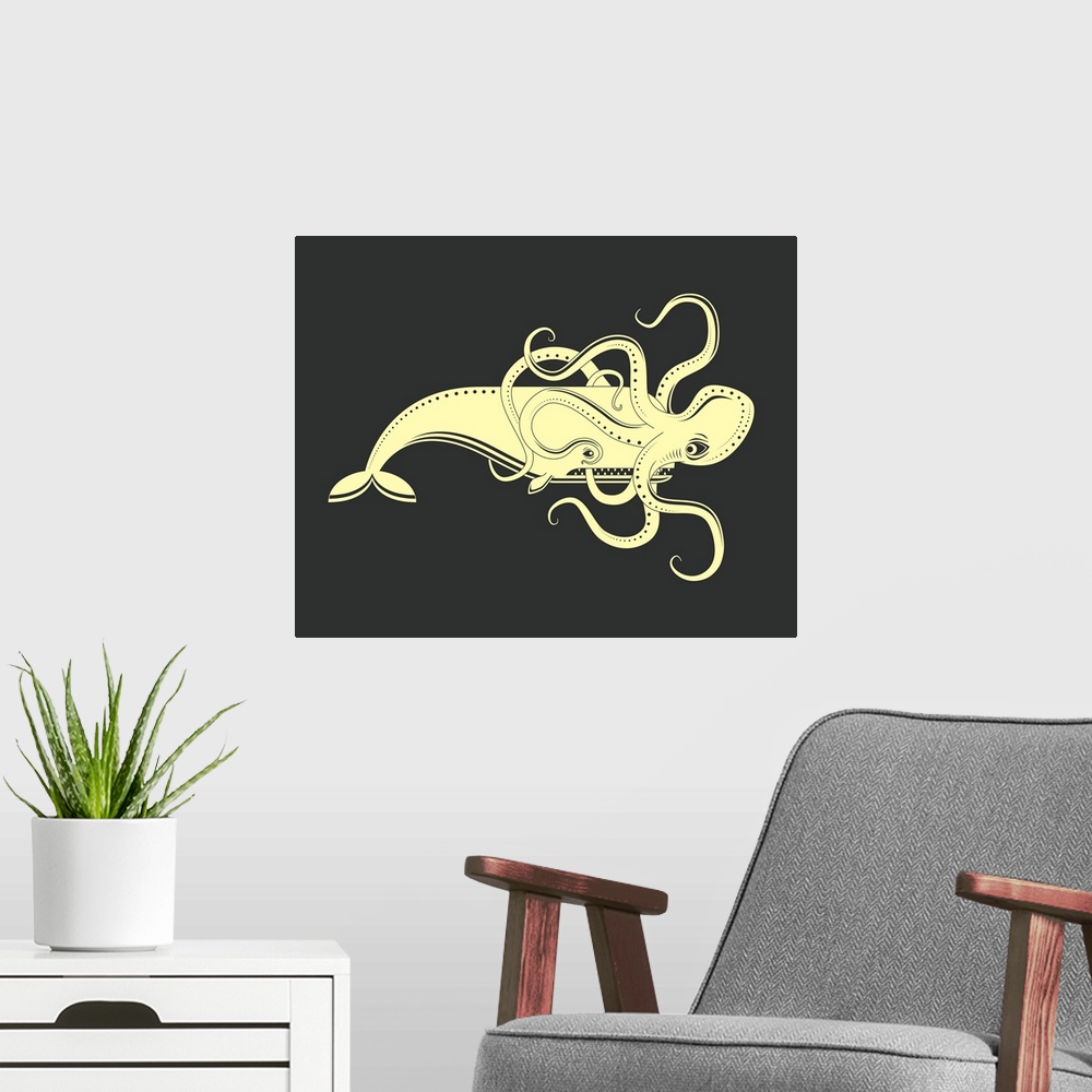 A modern room featuring Illustration of a large octopus attached to a whales face, in cream and black.