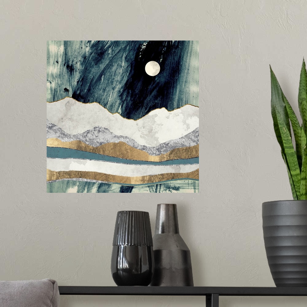 A modern room featuring Abstract depiction of a landscape with mountains, gold, ivory and grey.