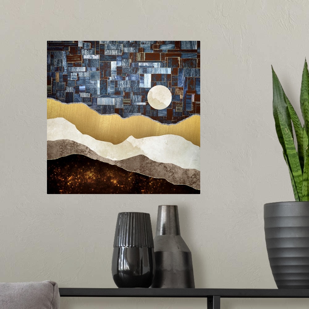 A modern room featuring Abstract depiction of a landscape with a geometric sky, blue and copper.