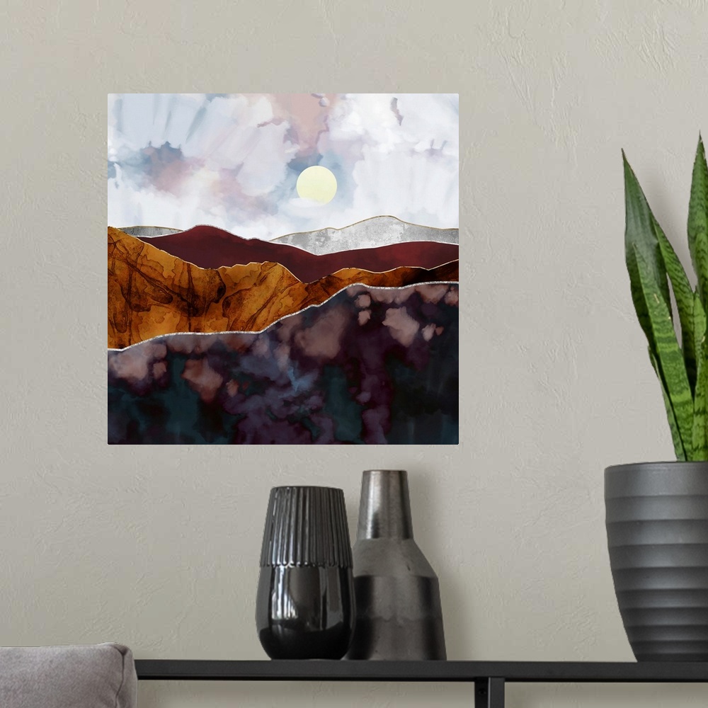 A modern room featuring Abstract depiction of landscape with light off in the distance and mountains.