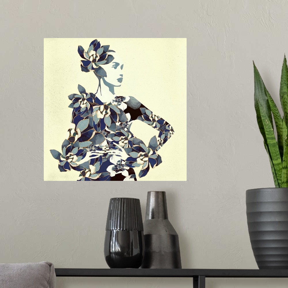 A modern room featuring Abstract depiction of a woman with floral print, blue, yellow and ivory.