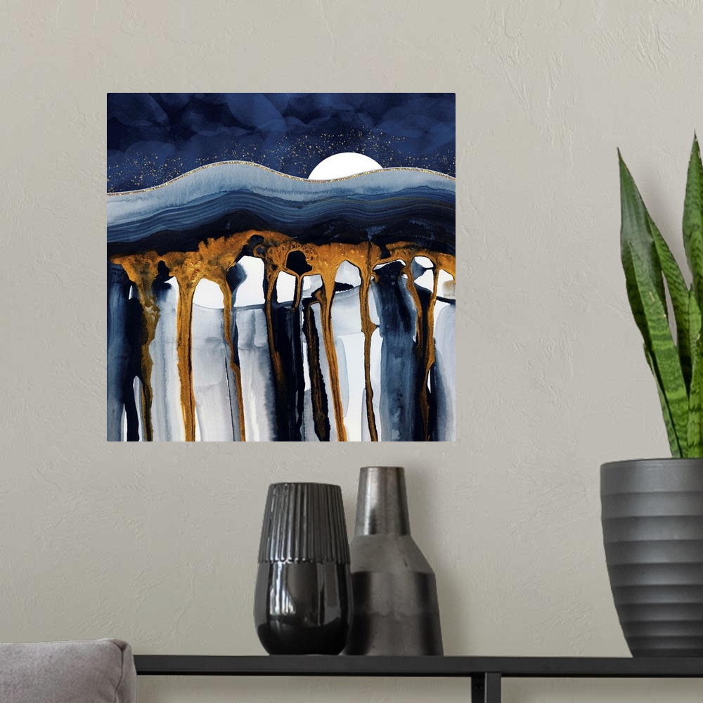 A modern room featuring Abstract depiction of a landscape with liquid hills, blue, gold white.