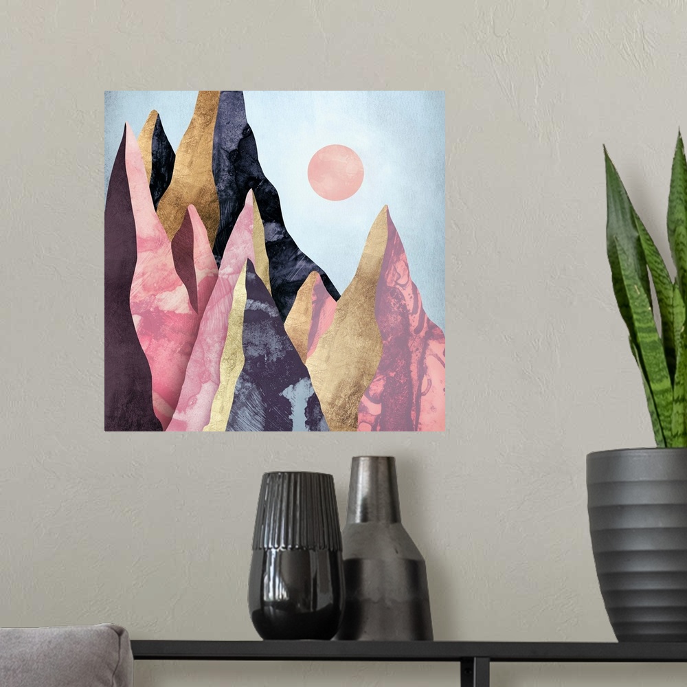 A modern room featuring Abstract depiction of mauve mountain peaks with gold, pink and grey.