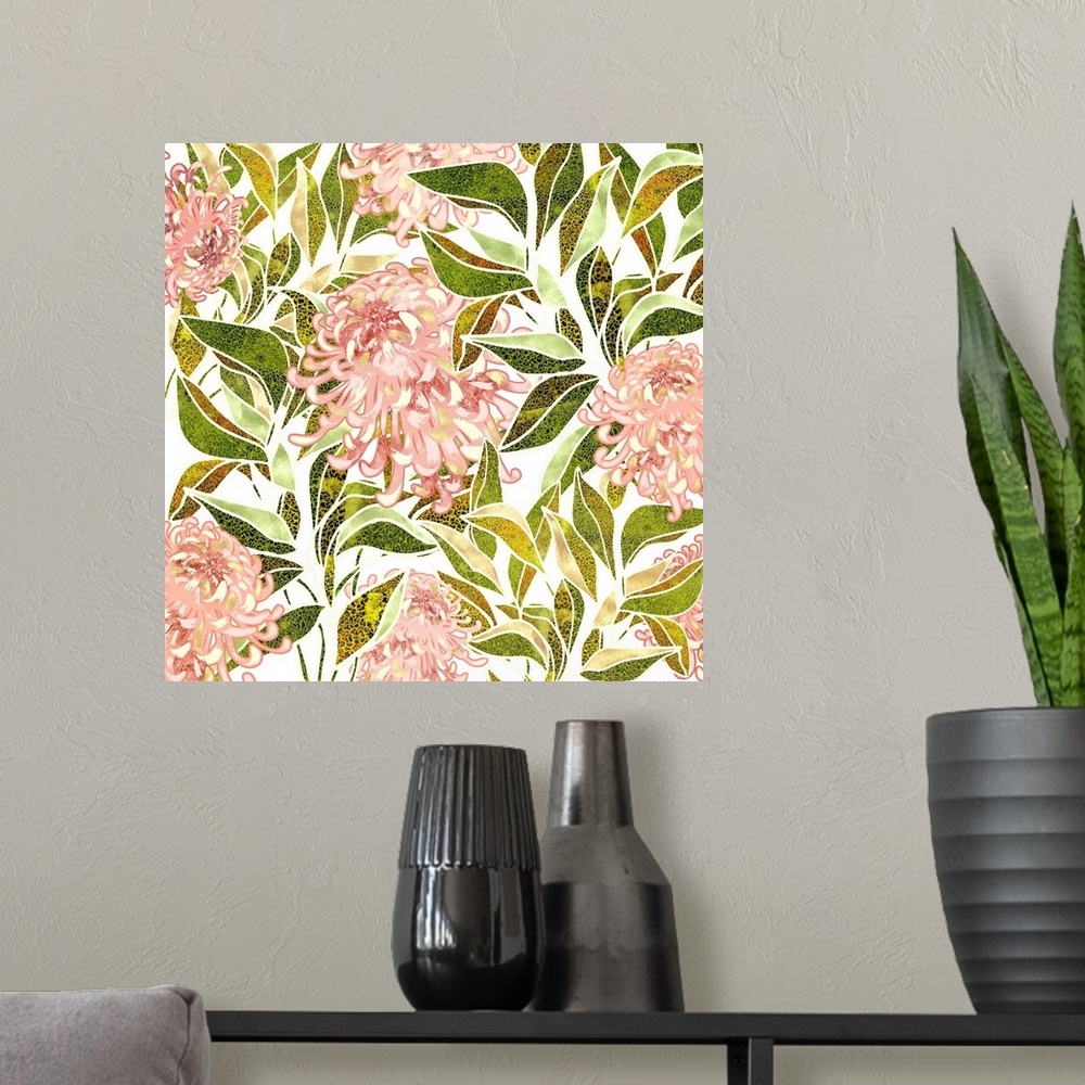A modern room featuring Abstract depiction of flowers with leaves, pink, gold, green and white.