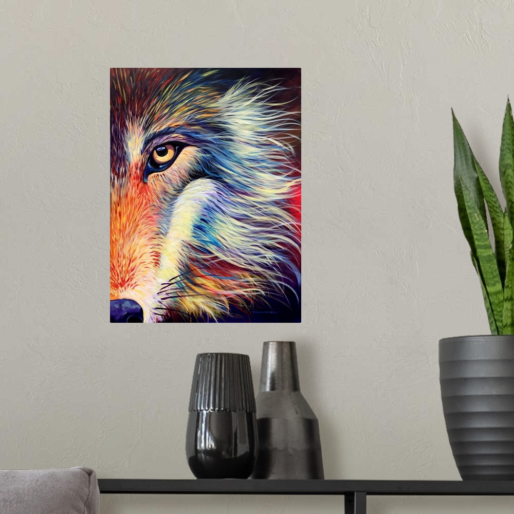 A modern room featuring This piece is one of a series of very unique and colorful approach to animal portraits. All of th...