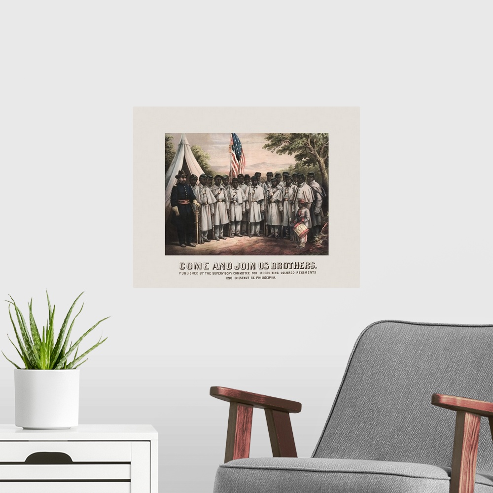 A modern room featuring A Civil War era regiment of colored troops. This poster was used as recruiting tool to enlist Afr...