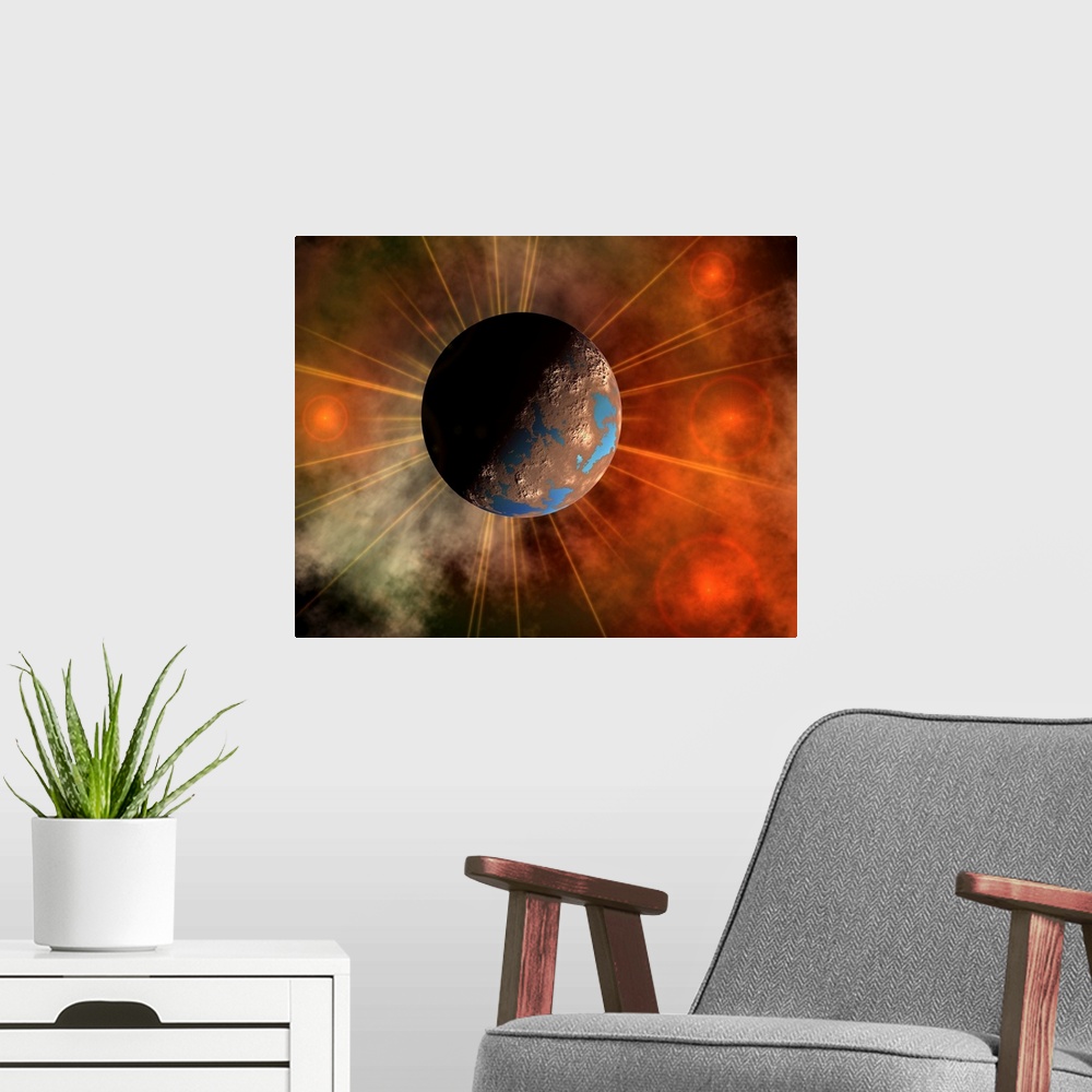 A modern room featuring This artist's conceptual image depicts a hypothetical planet amongst the stars. The planet has vi...