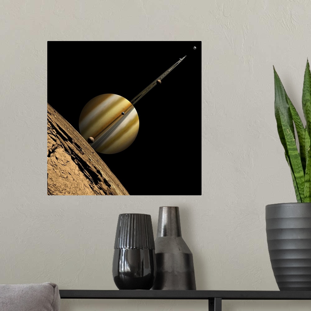 A modern room featuring An artist's depiction of a ringed gas giant planet with six moons.