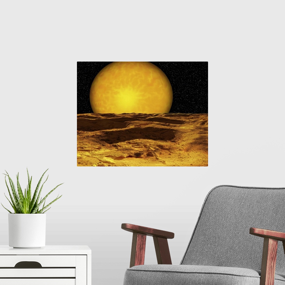 A modern room featuring A scene on a moon of Upsilon Andromeda b, a recently discovered extrasolar planet. It is a super-...