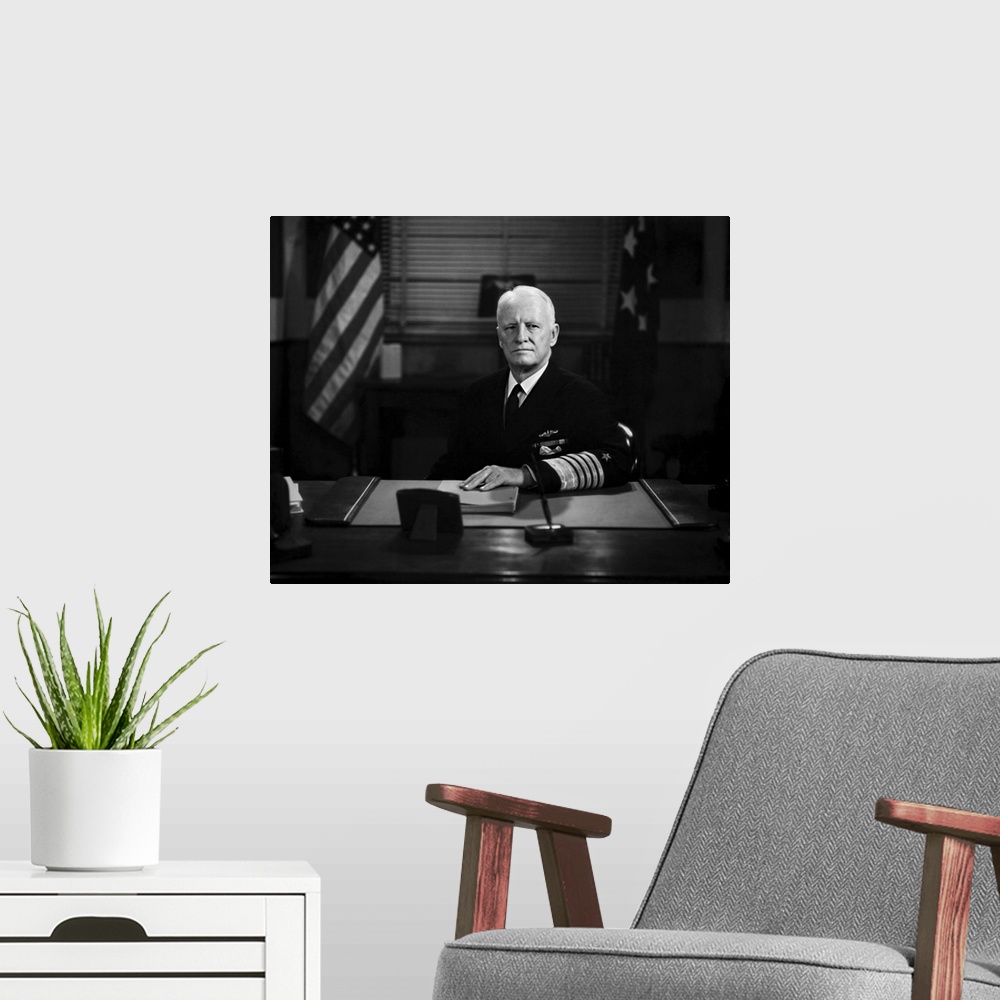A modern room featuring American history photo of Admiral Chester William Nimitz.