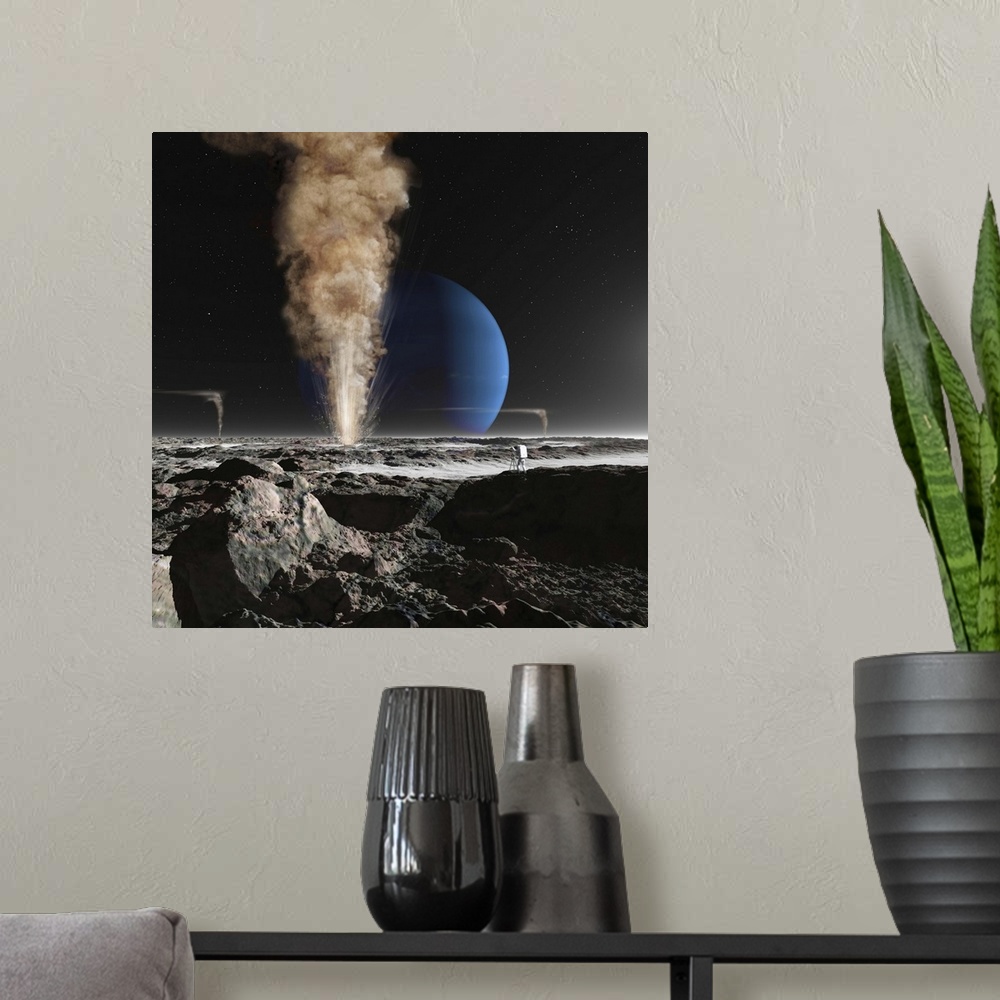 A modern room featuring A future astronaut is observing the eruption of one of Triton's giant cryogeysers. Triton is the ...
