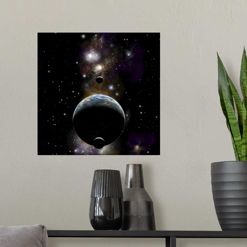 A modern room featuring An Earth type world with two moons against a background of nebula and stars.