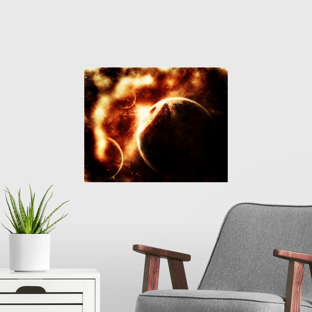 A modern room featuring Apocalyptic view on a solar system which is being destroyed by merciless elements.