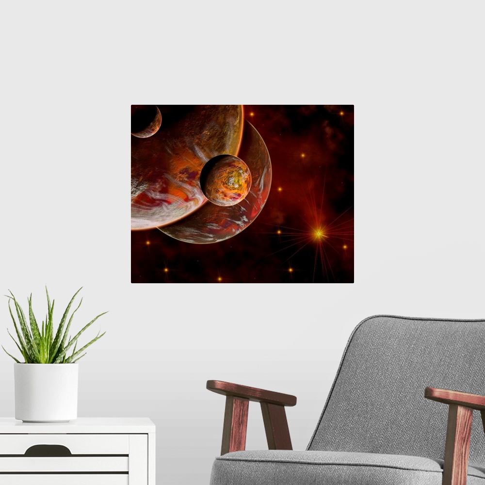 A modern room featuring A conceptual image where the stars are red along with the planets and nearby nebula, which is the...