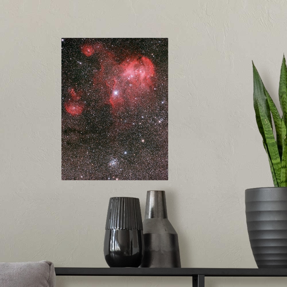 A modern room featuring Bat Nebula (IC 2948) and open star cluster NGC 3766, the Pearl Cluster.